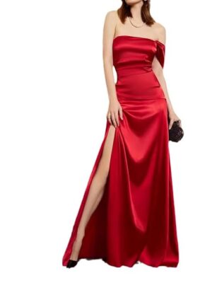 Women's Sexy Red Satin Off-Shoulder Thigh Slit Prom Backless Gown Cocktail Party Dress for Women