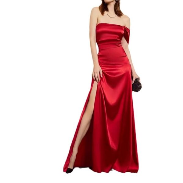 Women's Sexy Red Satin Off-Shoulder Thigh Slit Prom Backless Gown Cocktail Party Dress for Women