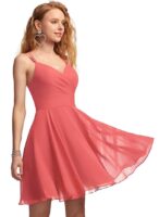 Solid A-Line V-Neck Chiffon Homecoming & Prom Party Dress – Short Ruffle Mini Cocktail Dress with Spaghetti Straps, Back Zip and Lining(Peach)