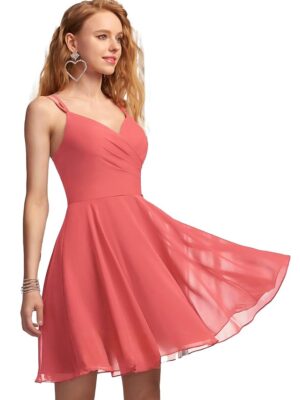 Solid A-Line V-Neck Chiffon Homecoming & Prom Party Dress – Short Ruffle Mini Cocktail Dress with Spaghetti Straps, Back Zip and Lining（Peach）