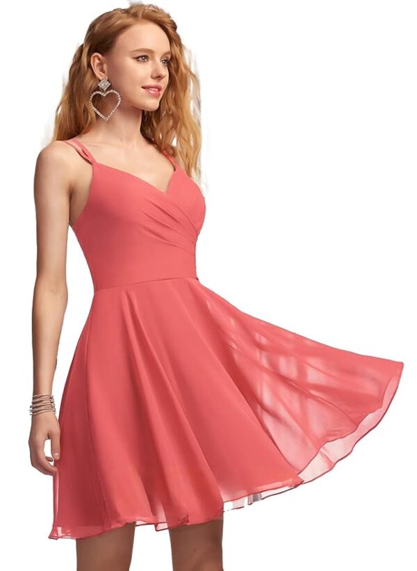 Solid A-Line V-Neck Chiffon Homecoming & Prom Party Dress – Short Ruffle Mini Cocktail Dress with Spaghetti Straps, Back Zip and Lining(Peach)