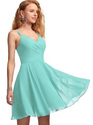 Solid A-Line V-Neck Chiffon Homecoming & Prom Party Dress – Short Ruffle Mini Cocktail Dress with Spaghetti Straps, Back Zip and Lining（Aqua Blue）
