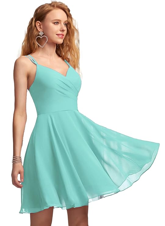 Solid A-Line V-Neck Chiffon Homecoming & Prom Party Dress – Short Ruffle Mini Cocktail Dress with Spaghetti Straps, Back Zip and Lining（Aqua Blue）