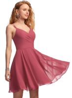 Solid A-Line V-Neck Chiffon Homecoming & Prom Party Dress – Short Ruffle Mini Cocktail Dress with Spaghetti Straps, Back Zip and Lining(Wine)