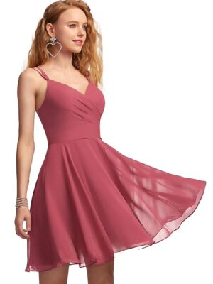 Solid A-Line V-Neck Chiffon Homecoming & Prom Party Dress – Short Ruffle Mini Cocktail Dress with Spaghetti Straps, Back Zip and Lining(Wine)