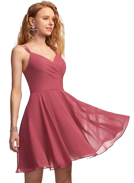 Solid A-Line V-Neck Chiffon Homecoming & Prom Party Dress – Short Ruffle Mini Cocktail Dress with Spaghetti Straps, Back Zip and Lining(Wine)