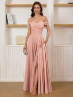 Women's Satin Bridesmaid Dresses Off The Shoulder Prom Dresses A Line Pleated Long Formal Evening Party Gowns