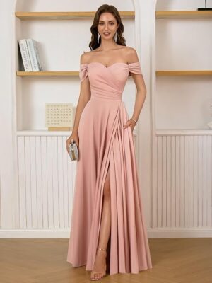 Women's Satin Bridesmaid Dresses Off The Shoulder Prom Dresses A Line Pleated Long Formal Evening Party Gowns