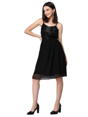 Women Black Sequined Georgette Fit and Flare Evening Prom Dress (Black)