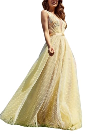 Summer Sexy Yellow Floral V-Neck Prom Backless Ruffle Long Gown Evening Party Dress for Women