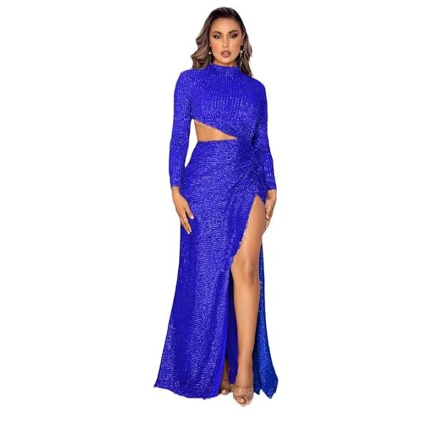 Women's Sexy Blue Sequin Backless Glitter Side Slit Prom Gown Cocktail Party Dress for Women (Blue)