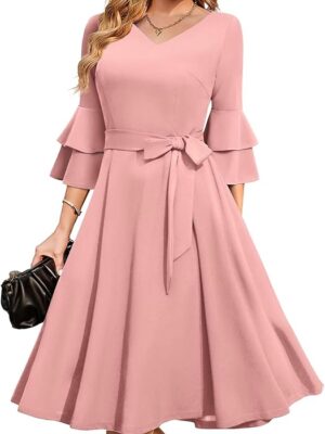 Women's Plus Size 3/4th Bell Sleeves Bridesmaid Dresses （Pink）