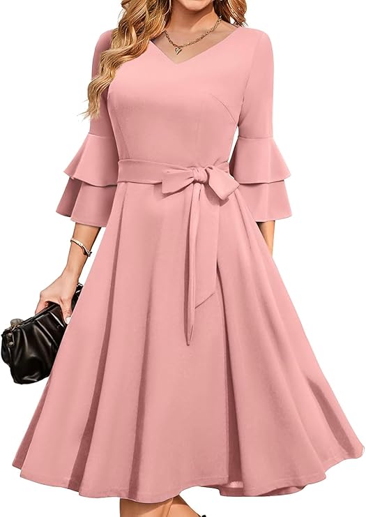 Women's Plus Size 3/4th Bell Sleeves Bridesmaid Dresses (Pink)