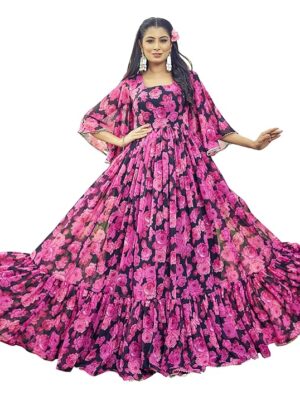 Georgette Gown for Women | Full Length | Printed | Fit & Flare | Flared & Bell Sleeves | Round Neck | Ethenic Dress | Ideal for Casual, Wedding & Party Occassions | Pink
