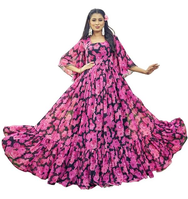 Georgette Gown for Women | Full Length | Printed | Fit & Flare | Flared & Bell Sleeves | Round Neck | Ethenic Dress | Ideal for Casual, Wedding & Party Occassions | Pink