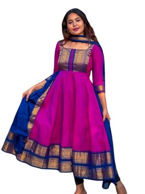 Elegant Zari Jacquard Weaving Gown with Lace Border Dupatta – Traditional Indian Ethnic Wear for Weddings, Festivals, and Special Occasions
