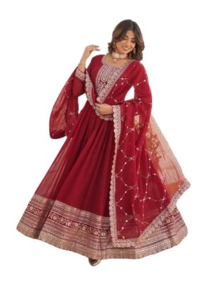 Girl's Fashion Hub's Traditional Maroon Anarkali Dress with Gold Embroidery, Full Length Gown with Dupatta, Wedding