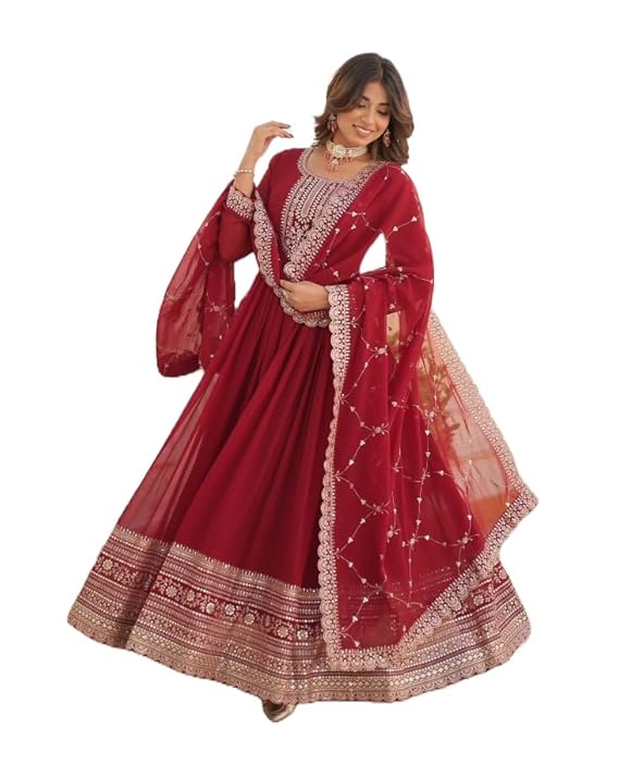 Girl's Fashion Hub's Traditional Maroon Anarkali Dress with Gold Embroidery, Full Length Gown with Dupatta, Wedding