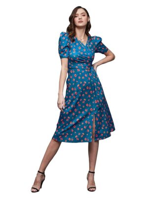 Women's Multicolored-Base-Blue V-Neck Pleated Puff Sleeve Floral Wrap Midi Polyester Dress (Multicolored-Base-Blue)