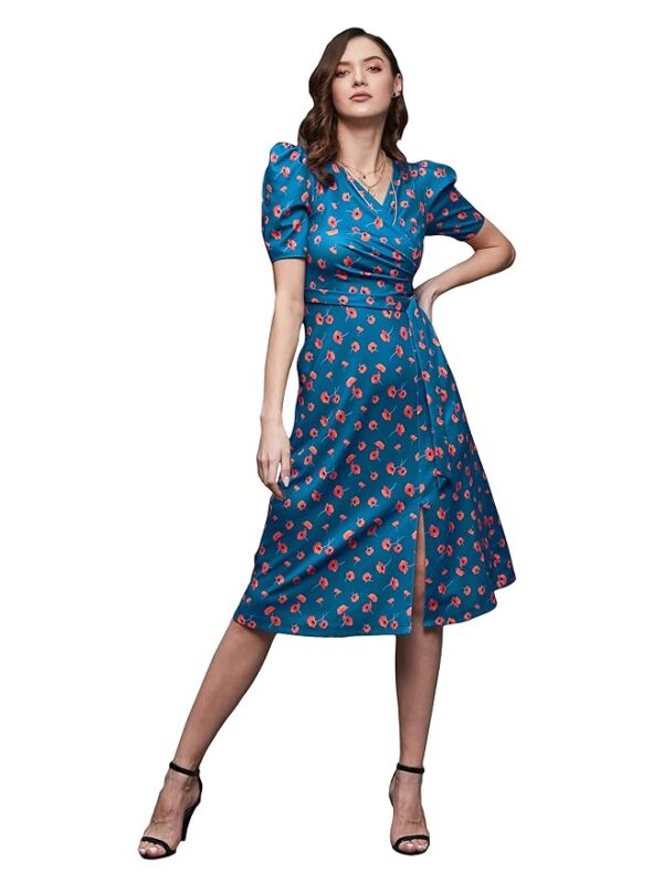 Women's Multicolored-Base-Blue V-Neck Pleated Puff Sleeve Floral Wrap Midi Polyester Dress (Multicolored-Base-Blue)