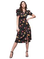 Women's Multicolored-Base-Blue V-Neck Pleated Puff Sleeve Floral Wrap Midi Polyester Dress (Multicolored-Base-Black)