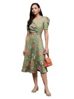 Women's Multicolored-Base-Blue V-Neck Pleated Puff Sleeve Floral Wrap Midi Polyester Dress (Multicolored-Base-Green)