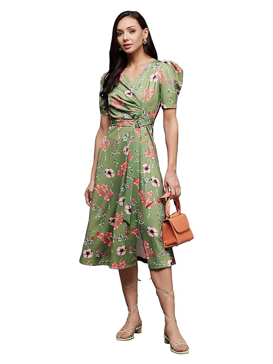 Women's Multicolored-Base-Blue V-Neck Pleated Puff Sleeve Floral Wrap Midi Polyester Dress (Multicolored-Base-Green)