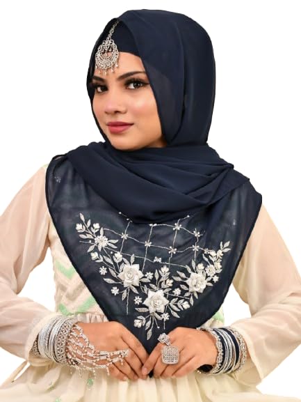Luxury Bridal Hijab Scarf With Handwork(Navy Blue)