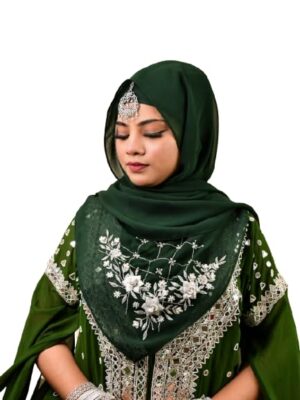 Luxury Bridal Hijab Scarf With Handwork(Bottle Green)