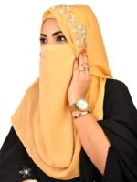 Luxury Bridal Hijab Scarf With Handwork Naqab Wear For Party And Any Occesion (Golden)
