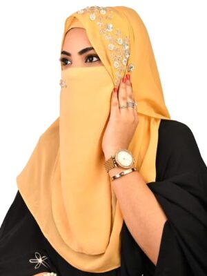 Luxury Bridal Hijab Scarf With Handwork Naqab Wear For Party And Any Occesion (Golden)