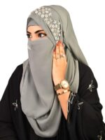 Luxury Bridal Hijab Scarf With Handwork Naqab Wear For Party And Any Occesion (Grey)