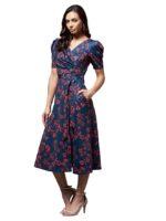 Women's Multicolored-Base-Blue V-Neck Pleated Puff Sleeve Floral Wrap Midi Polyester Dress