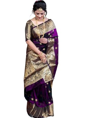 Women's Banarasi Silk Saree with Intricate Gold Zari Weaving & Unstitched Blouse Piece – Traditional Indian Wedding Attire(Mahi Wine)