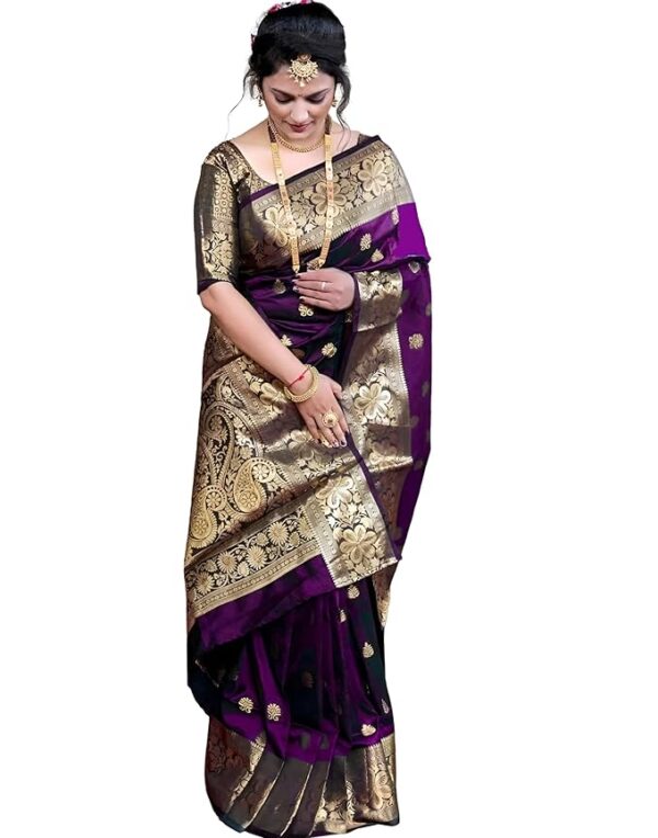Women's Banarasi Silk Saree with Intricate Gold Zari Weaving & Unstitched Blouse Piece – Traditional Indian Wedding Attire（Mahi Wine）