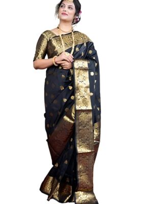 Women's Banarasi Silk Saree with Intricate Gold Zari Weaving & Unstitched Blouse Piece – Traditional Indian Wedding Attire(Mahi Black)