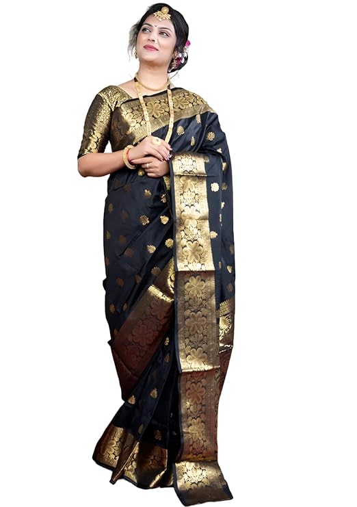 Women's Banarasi Silk Saree with Intricate Gold Zari Weaving & Unstitched Blouse Piece – Traditional Indian Wedding Attire(Mahi Black)