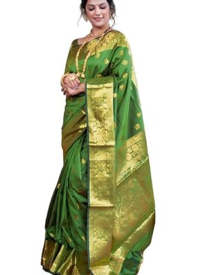 Women's Banarasi Silk Saree with Intricate Gold Zari Weaving & Unstitched Blouse Piece – Traditional Indian Wedding Attire( Mahi Parot)