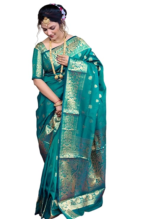 Women's Banarasi Silk Saree with Intricate Gold Zari Weaving & Unstitched Blouse Piece – Traditional Indian Wedding Attire( Mahi Rama)