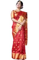 Women's Banarasi Silk Saree with Intricate Gold Zari Weaving & Unstitched Blouse Piece – Traditional Indian Wedding Attire( Mahi Red)