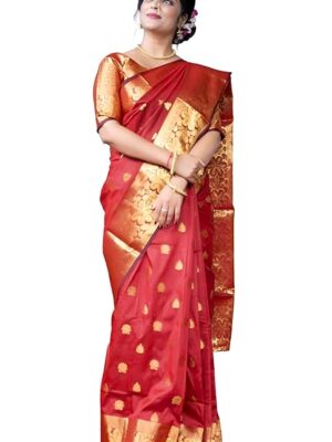 Women's Banarasi Silk Saree with Intricate Gold Zari Weaving & Unstitched Blouse Piece – Traditional Indian Wedding Attire( Mahi Red)