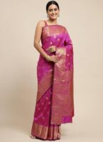Women's Banarasi Silk Saree with Intricate Gold Zari Weaving & Unstitched Blouse Piece – Traditional Indian Wedding Attire( Mahi pink)