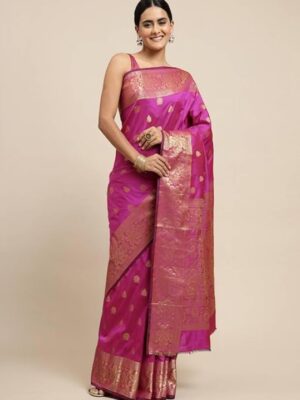 Women's Banarasi Silk Saree with Intricate Gold Zari Weaving & Unstitched Blouse Piece – Traditional Indian Wedding Attire( Mahi pink)