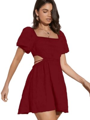 Women's & Girl's Fit And Flare Solid Summer Beach Square Neck Puff Sleeve Cut Out Waist Mini Dress
