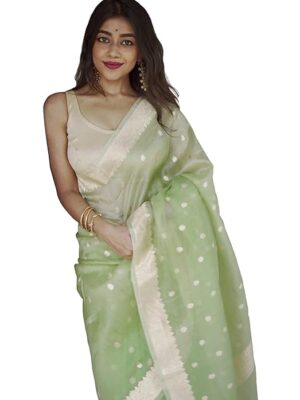 Women's Lavander Banarasi Kanchipuram Art Silk Saree for Women – Traditional Wedding & Party Saree with Blouse Piece – Ethnic Indian Silk Saree for Bridal, Festive (Pista Green)