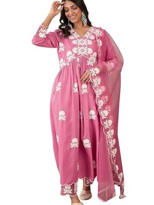 Women's Silk Blend Chain Work Embroidered A Line Kurta with Pant Set For Wedding, Ethnic Wear (Pink)