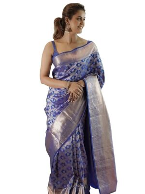 Women's Maroon Banarasi Kanchipuram Art Silk Saree for Women – Traditional Wedding & Party Saree with Blouse Piece – Ethnic Indian Silk Saree for Bridal, Festive (Royal Blue)