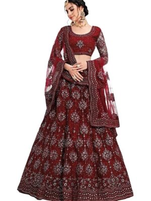 Elegant and Stylish Lehenga Choli for Women – Traditional Indian Wear with Embroidery, Perfect for Weddings and Festivals (Net-Maroon)