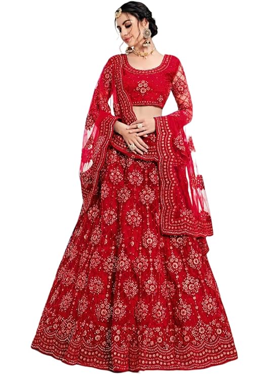Elegant and Stylish Lehenga Choli for Women – Traditional Indian Wear with Embroidery, Perfect for Weddings and Festivals (Net-Red)