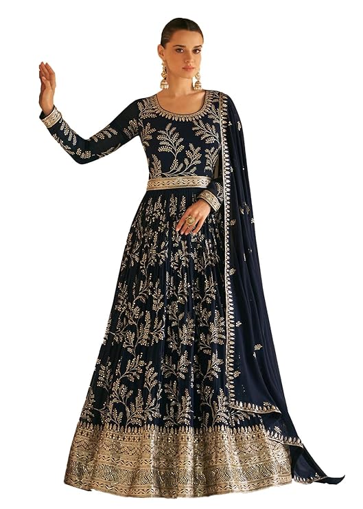 Blue Faux Georgette Full Sleeve Anarkali Gown with Dupatta | Embroidered Indian Dress for Weddings & Festivals | Elegant and Stylish Traditional Ethnic Attire